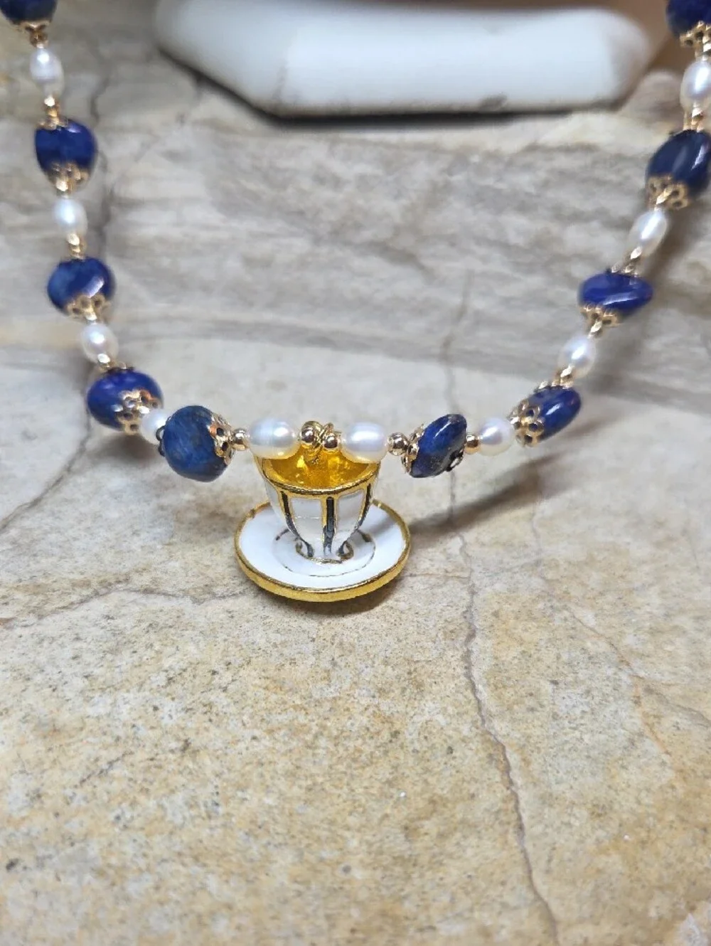 Enamel Teacup Lapis Lazuli Freshwater Pearl Women's Necklace & Earrings Set